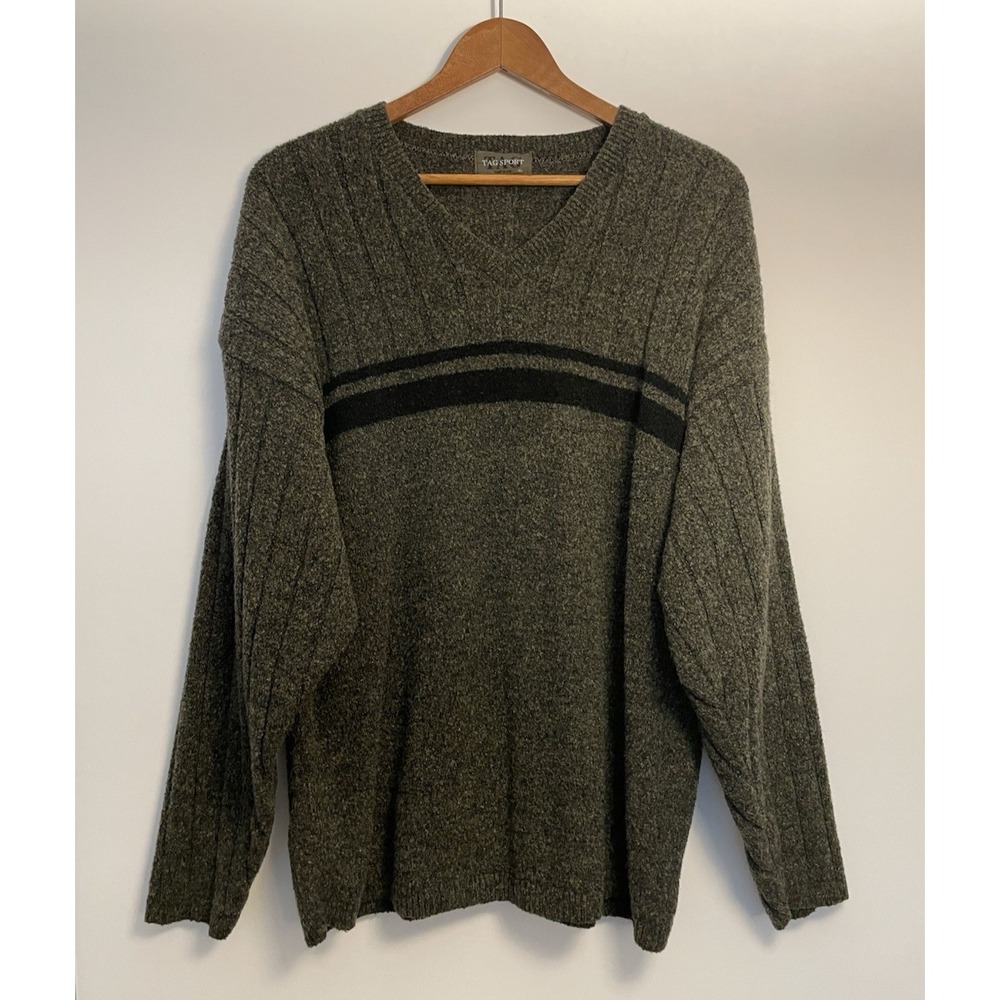 Vintage TAG Sport Men's XL Gray V Neck Pullover Knit Sweater y2k Made in USA‎